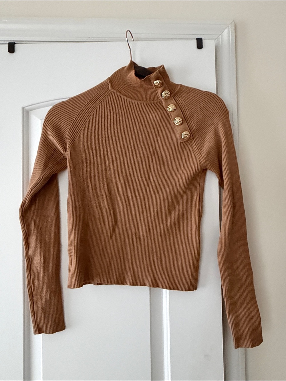 Zara Camel Ribbed Turtleneck Sweater with Gold Shoulder Buttons